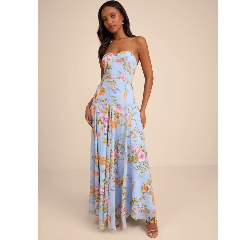 Lulus Alandria Light Blue Floral Drop Waist Strapless Maxi Dress Size Large